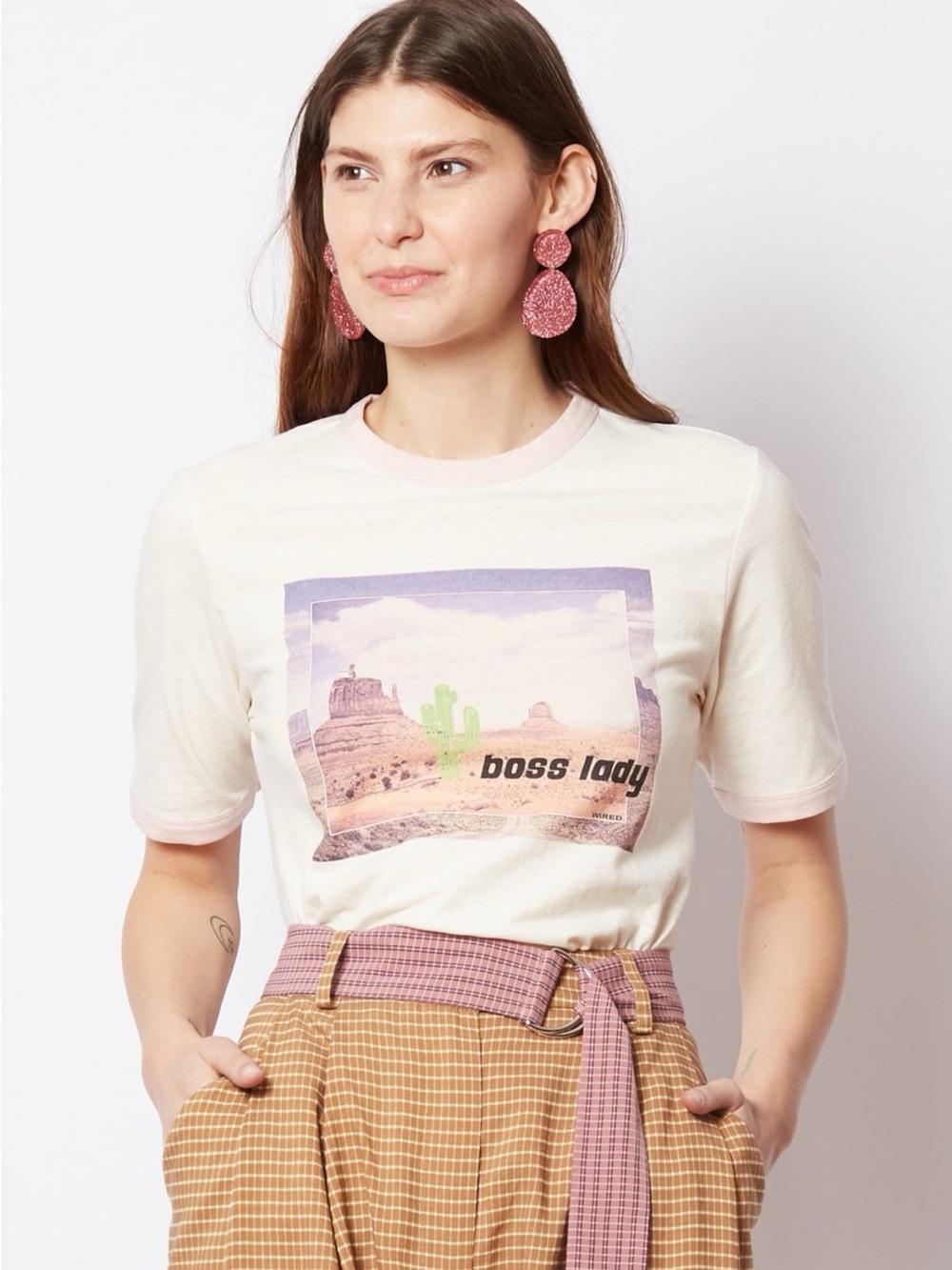 Ganni "Boss Lady" Desert Print Ringer T-Shirt Off White Pink Women’s Size Small